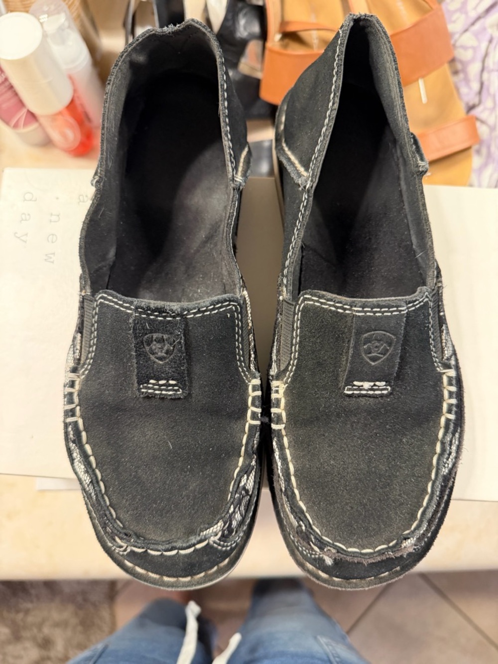 Ariat Black Suede Slip-On Loafers with White Stitching